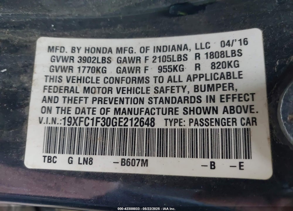 2016 HONDA CIVIC VIN: 19XFC1F30GE212648