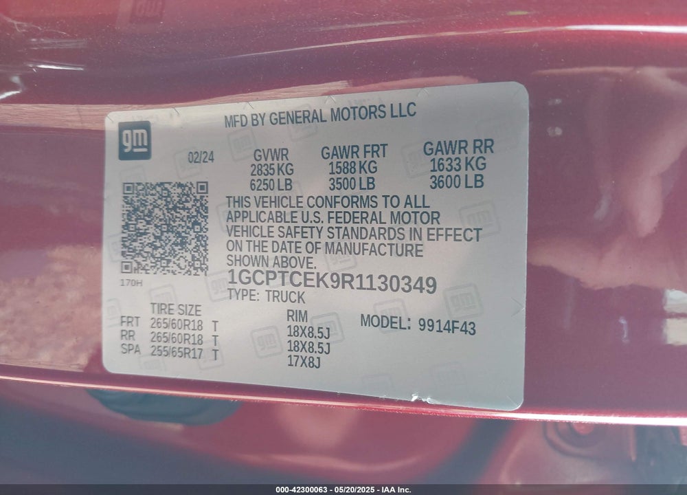 2024 CHEVROLET COLORADO VIN: 1GCPTCEK9R1130349