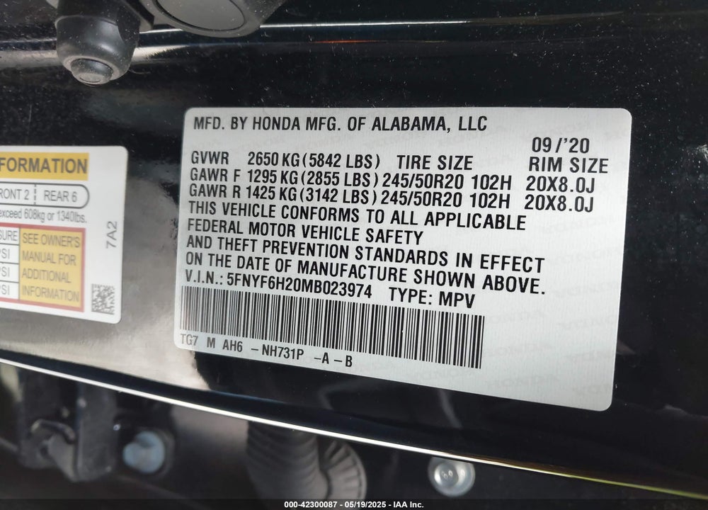 2021 HONDA PILOT VIN: 5FNYF6H20MB023974