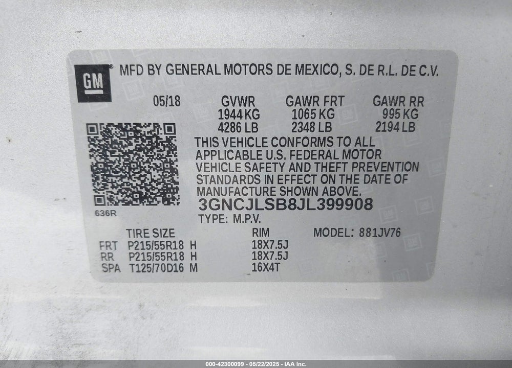 2018 CHEVROLET TRAX VIN: 3GNCJLSB8JL399908