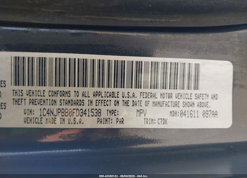 2015 JEEP PATRIOT SPORT VIN: 1C4NJPBB0FD341538