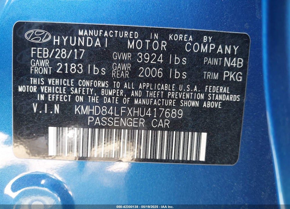 2017 HYUNDAI ELANTRA VIN: KMHD84LFXHU417689