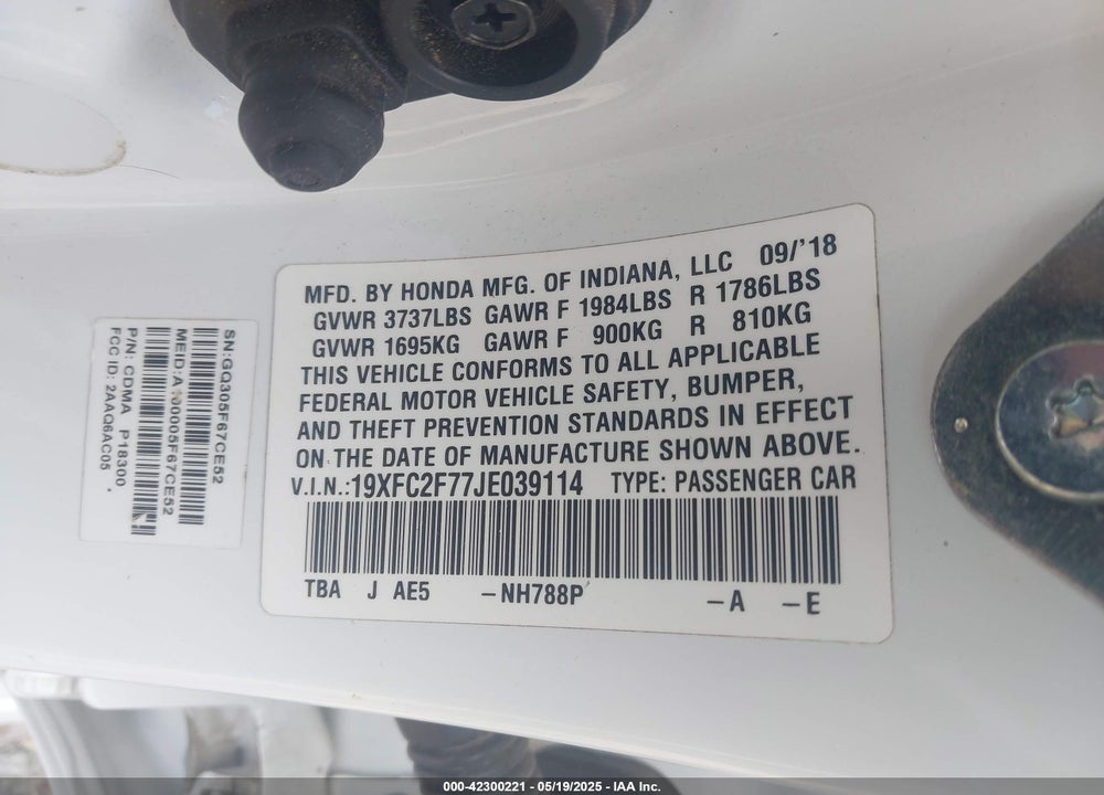 2018 HONDA CIVIC EX VIN: 19XFC2F77JE039114