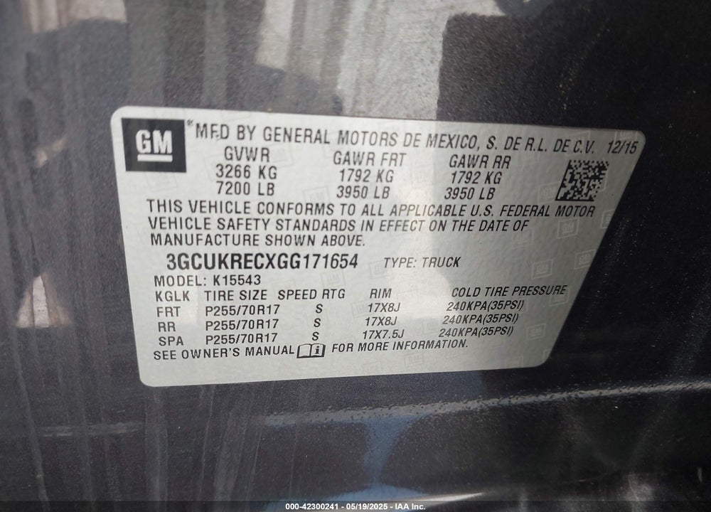 2016 CHEVROLET SILVERADO 1500 1LT VIN: 3GCUKRECXGG171654