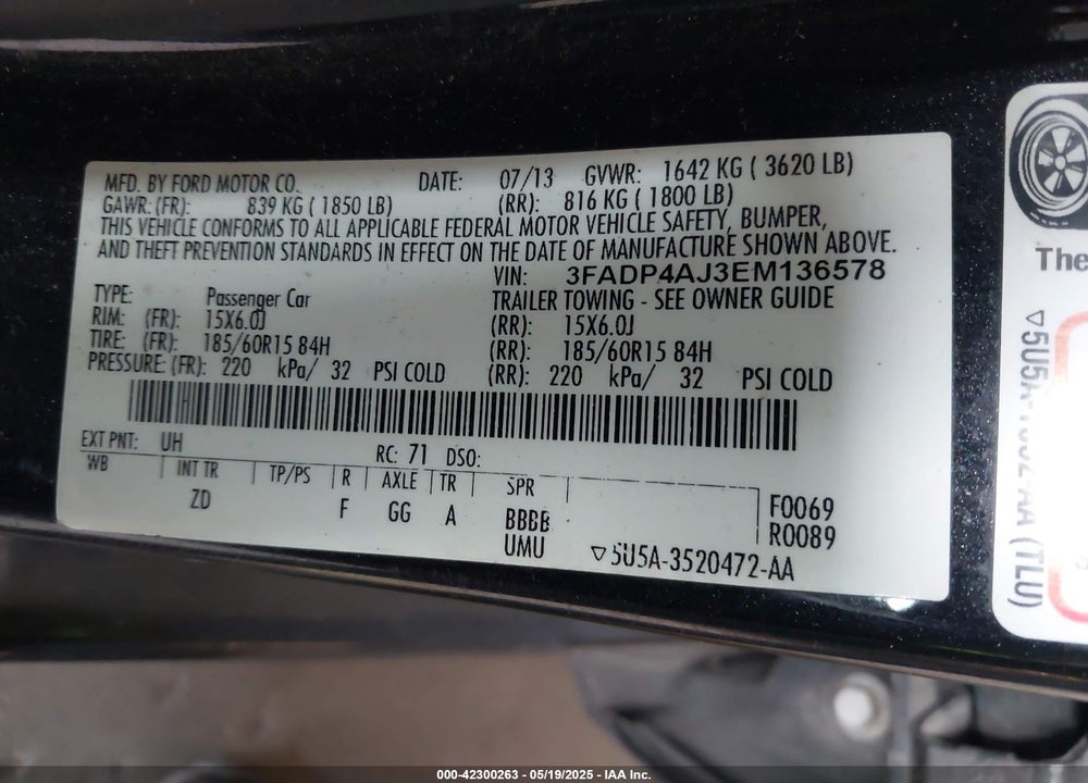 2014 FORD FIESTA VIN: 3FADP4AJ3EM136578