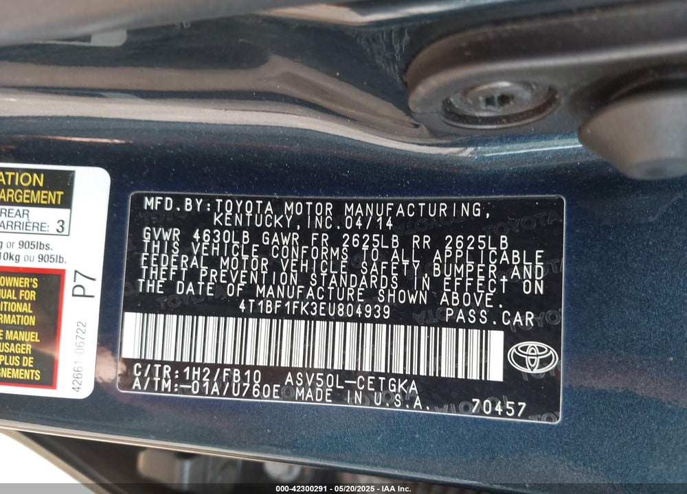 2014 TOYOTA CAMRY VIN: 4T1BF1FK3EU804939