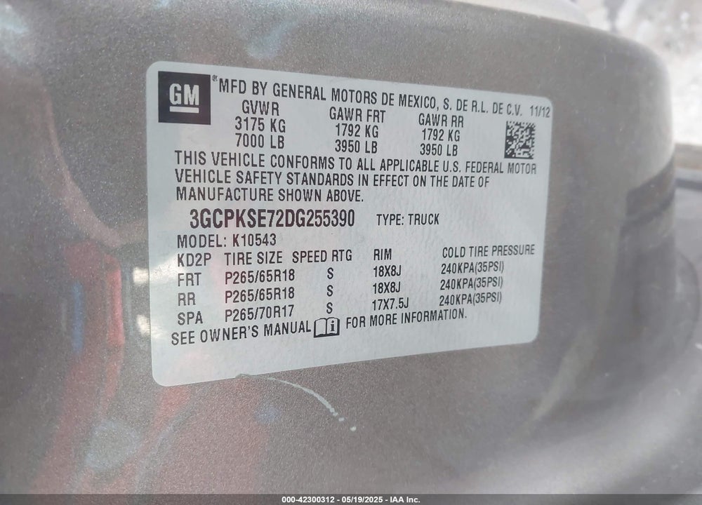 2013 CHEVROLET SILVERADO 1500 VIN: 3GCPKSE72DG255390