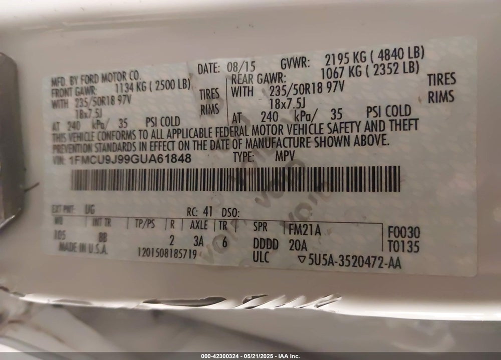 2016 FORD ESCAPE VIN: 1FMCU9J99GUA61848