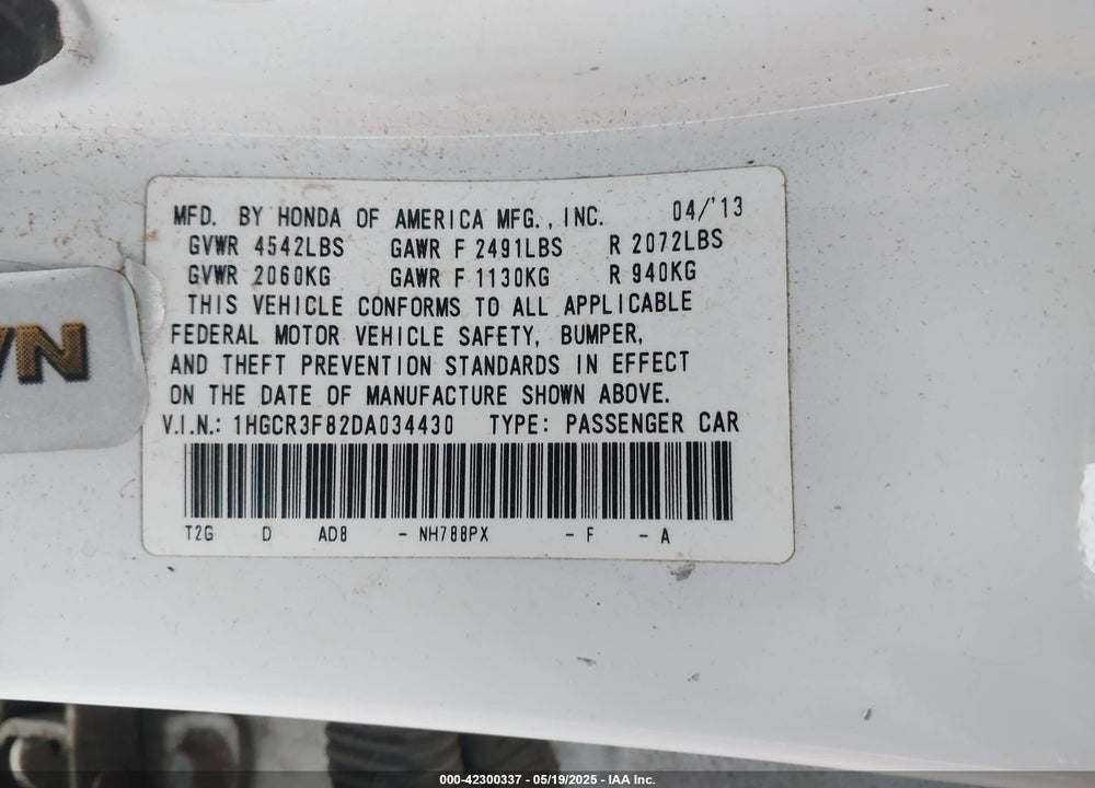 2013 HONDA ACCORD EX-L V-6 VIN: 1HGCR3F82DA034430
