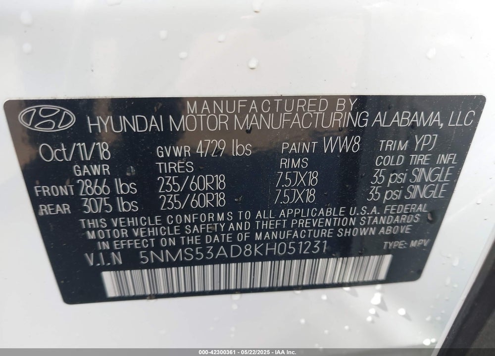 2019 HYUNDAI SANTA FE VIN: 5NMS53AD8KH051231
