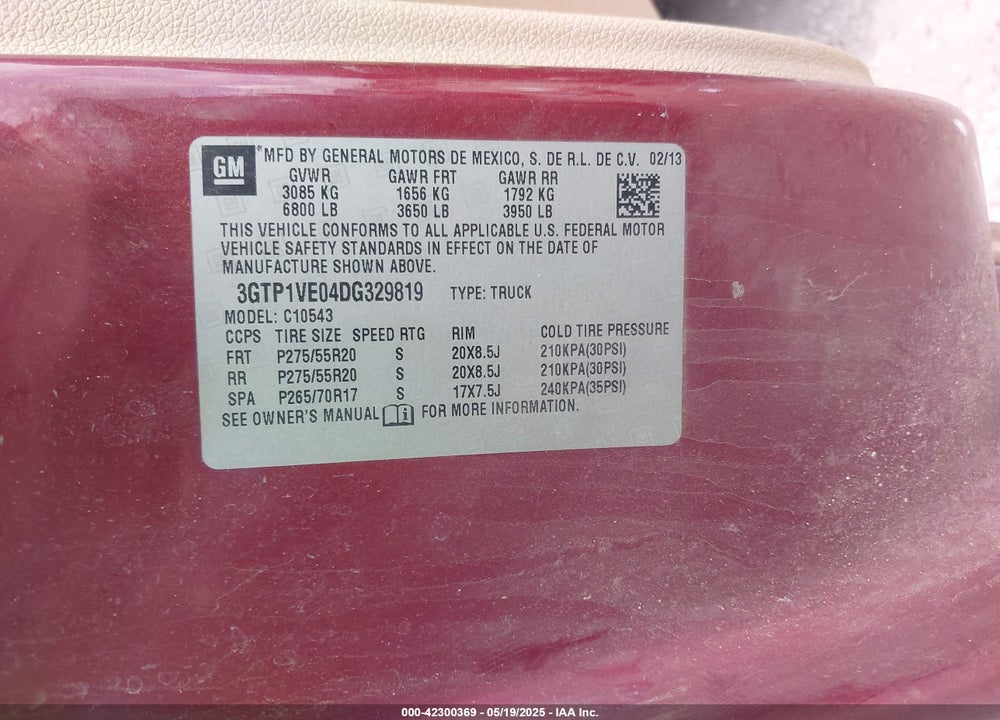 2013 GMC SIERRA 1500 VIN: 3GTP1VE04DG329819