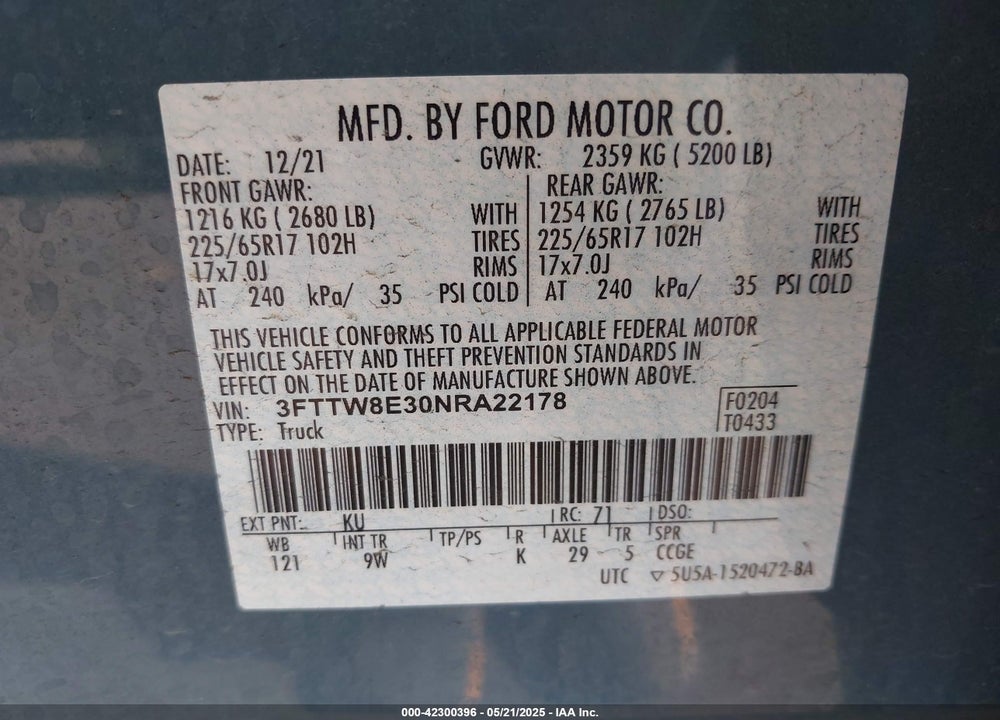 2022 FORD MAVERICK XL VIN: 3FTTW8E30NRA22178