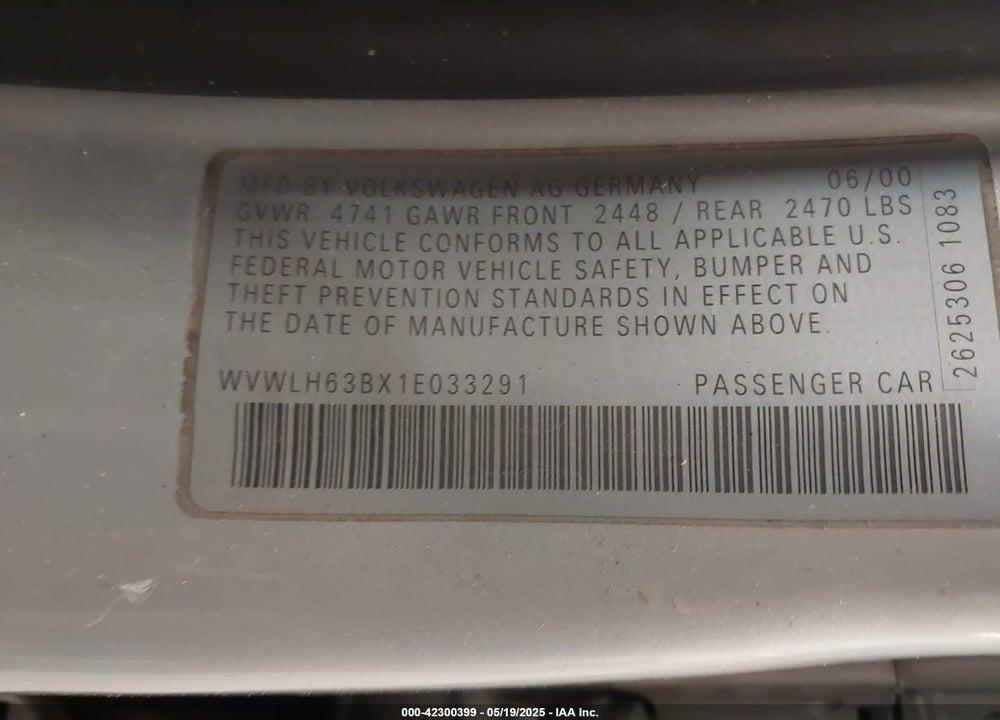 2001 VOLKSWAGEN PASSAT GLX VIN: WVWLH63BX1E033291