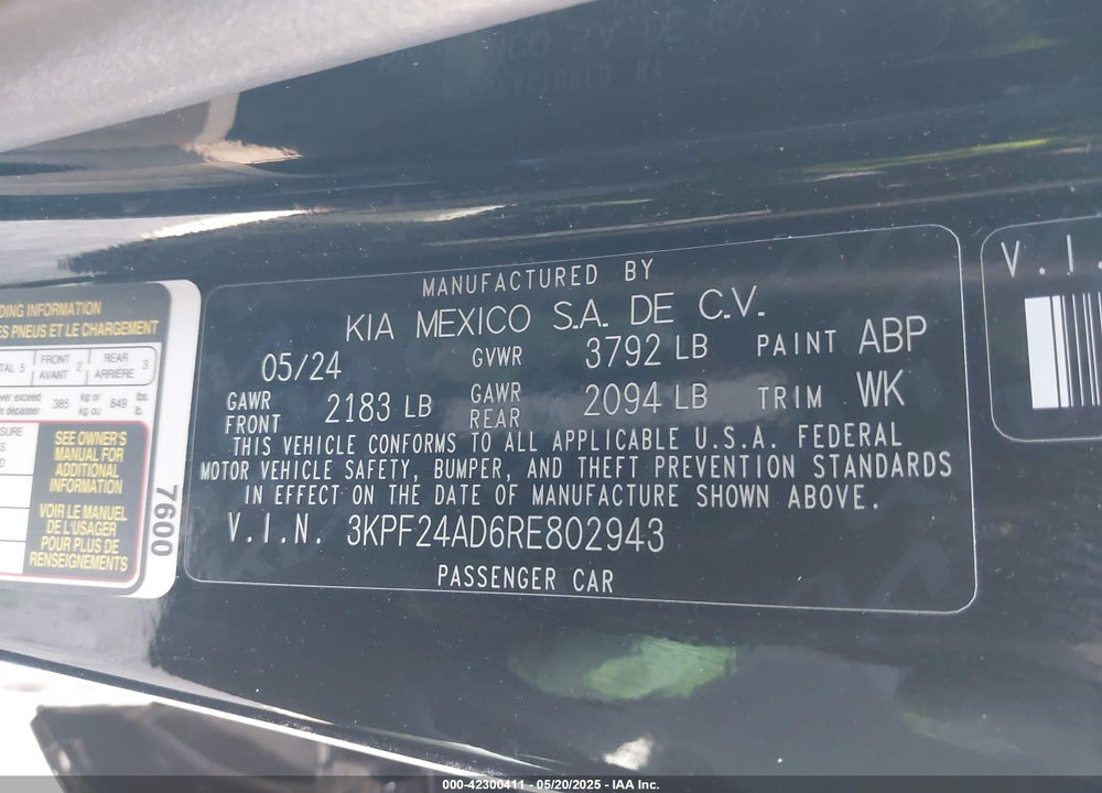 2024 KIA FORTE VIN: 3KPF24AD6RE802943