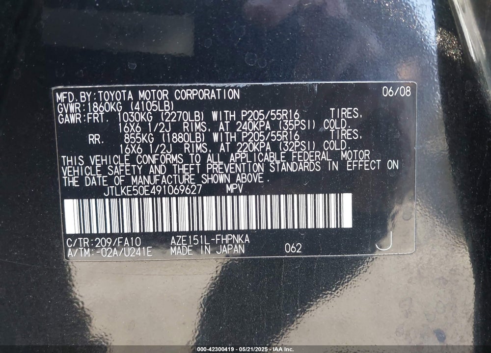 2009 TOYOTA SCION VIN: JTLKE50E491069627