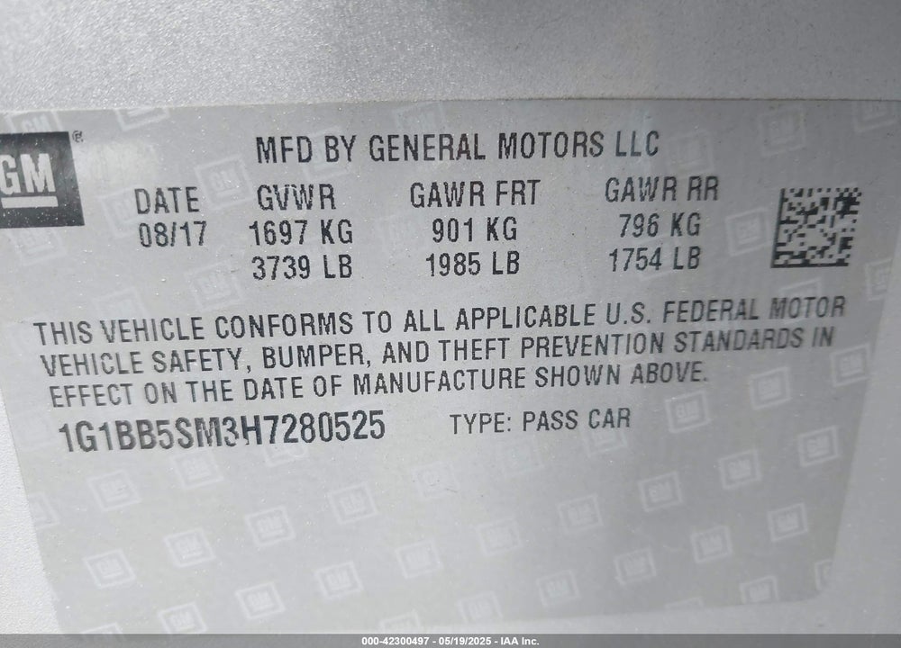 2017 CHEVROLET CRUZE VIN: 1G1BB5SM3H7280525