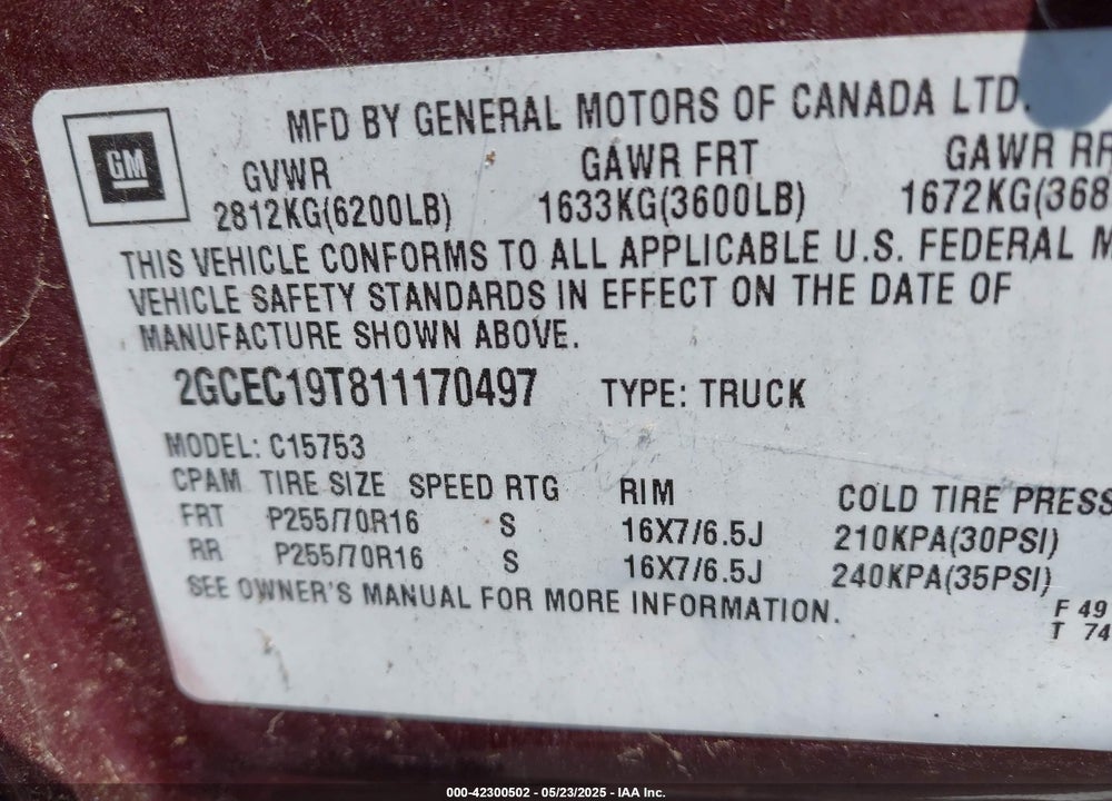 2001 CHEVROLET SILVERADO C1500 VIN: 2GCEC19T811170497