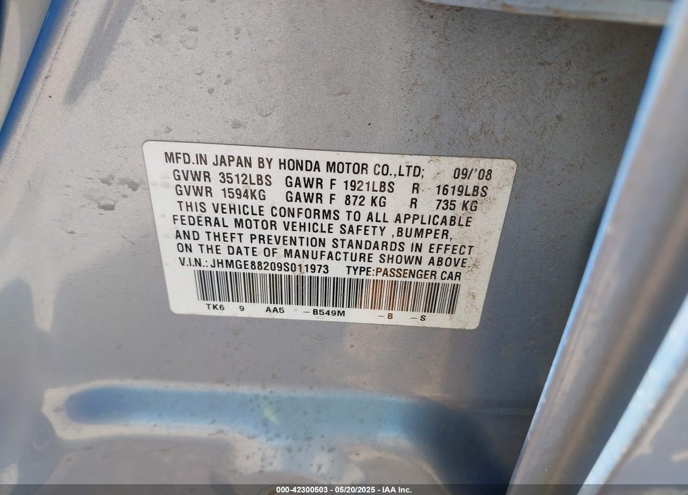 2009 HONDA FIT VIN: JHMGE88209S011973