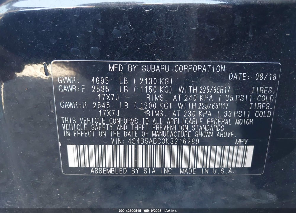 2019 SUBARU OUTBACK VIN: 4S4BSABC3K3216289