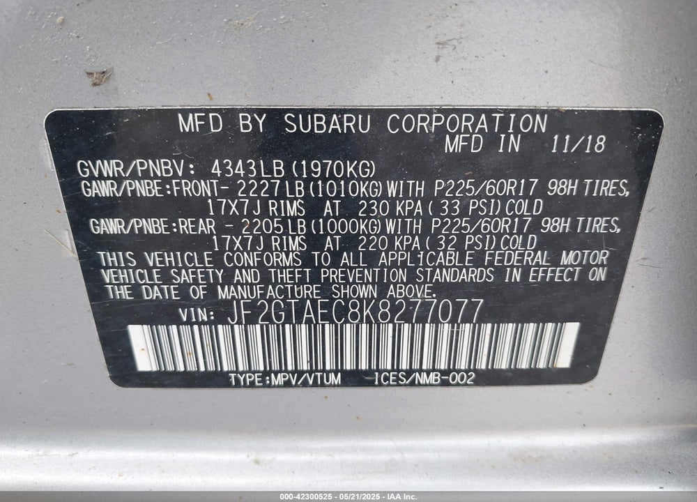 2019 SUBARU CROSSTREK VIN: JF2GTAEC8K8277077