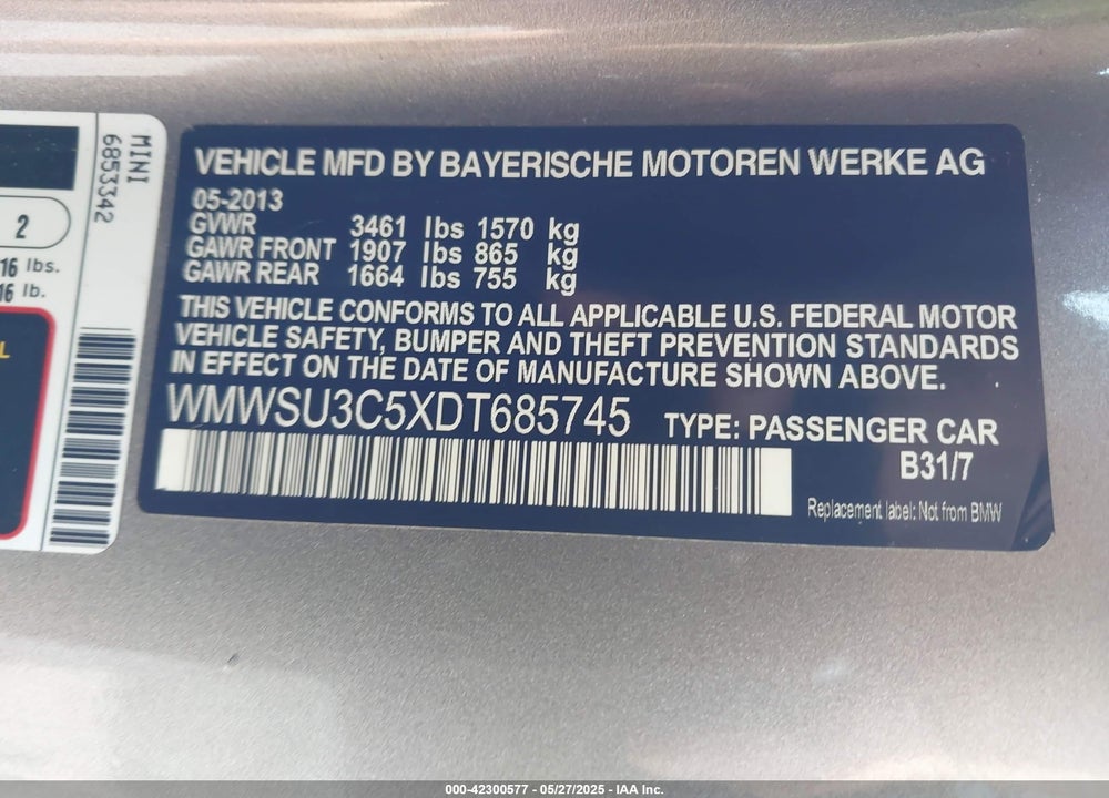 2013 MINI HARDTOP VIN: WMWSU3C5XDT685745