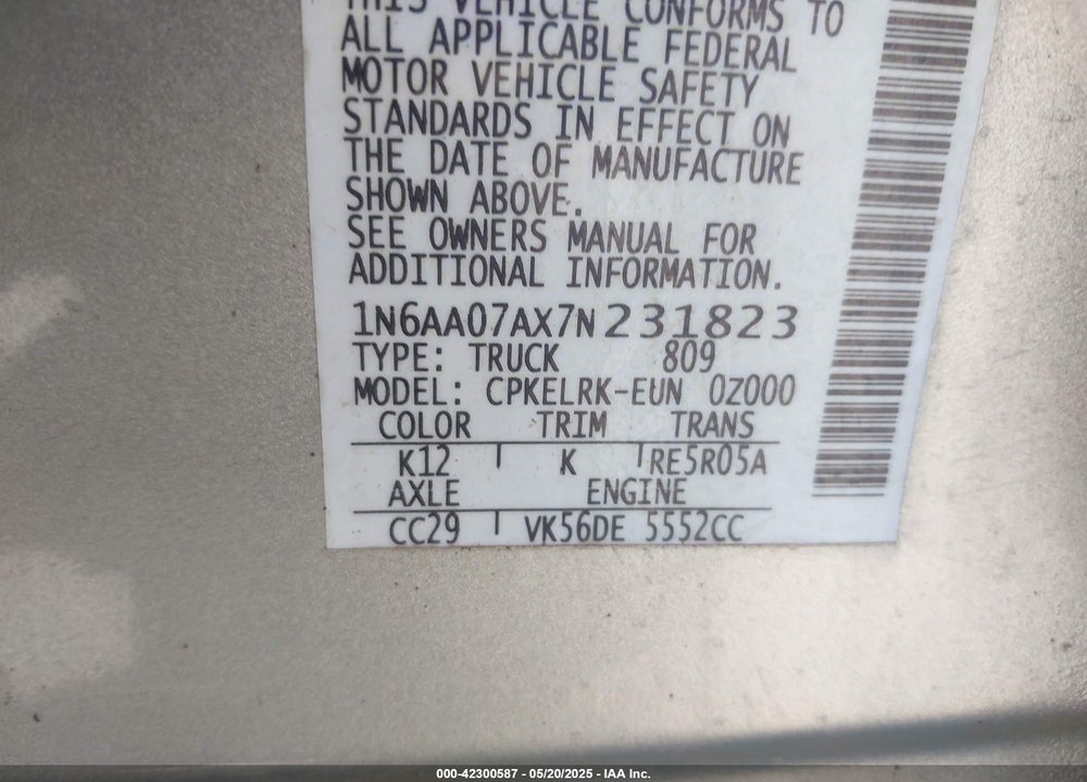 2007 NISSAN TITAN VIN: 1N6AA07AX7N231823