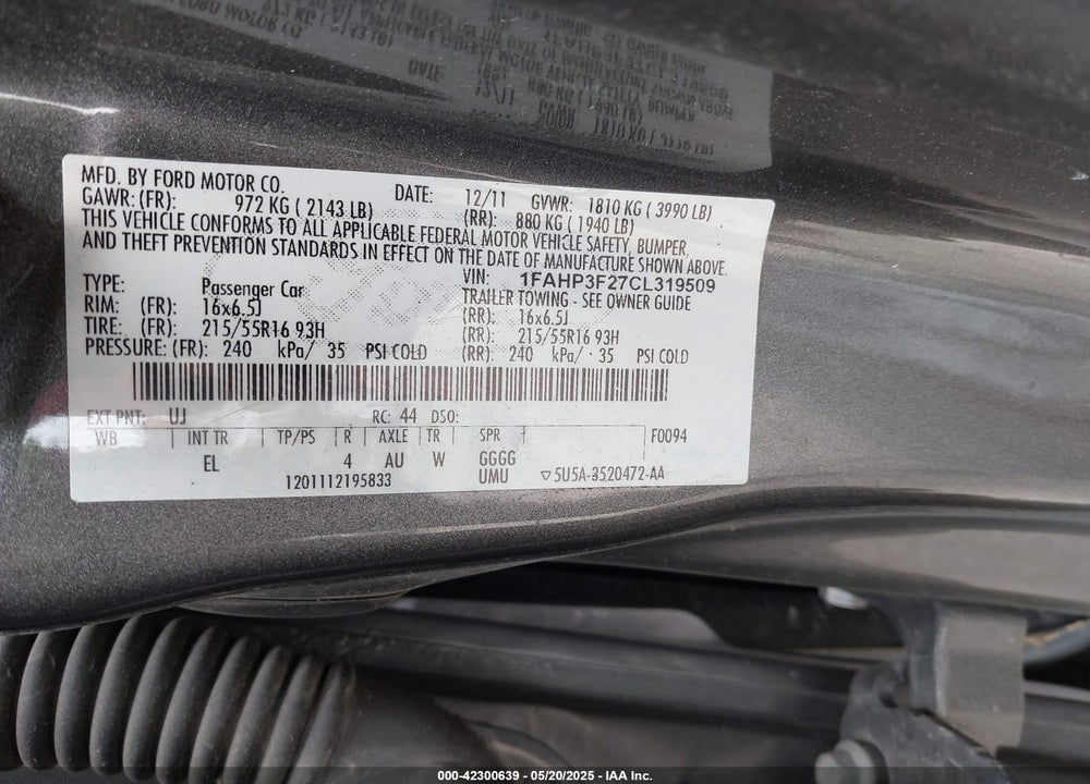2012 FORD FOCUS VIN: 1FAHP3F27CL319509