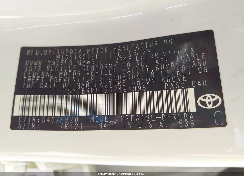 2024 TOYOTA COROLLA VIN: 5YFB4MDE7RP184995