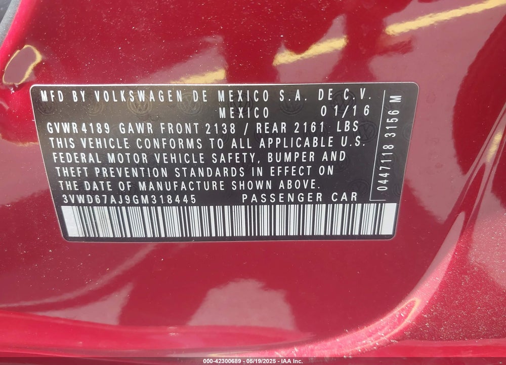 2016 VOLKSWAGEN JETTA VIN: 3VWD67AJ9GM318445