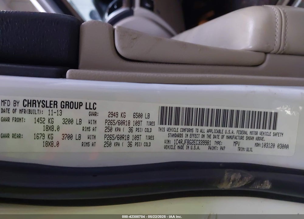 2014 JEEP GRAND CHEROKEE VIN: 1C4RJFBG2EC339981