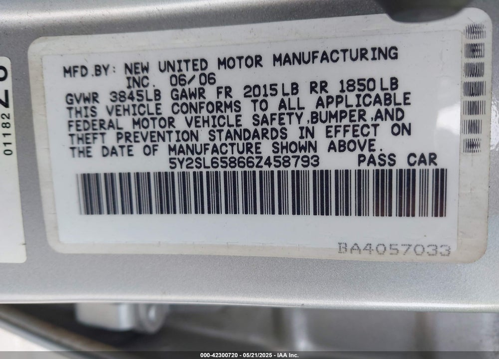 2006 PONTIAC VIBE VIN: 5Y2SL65866Z458793