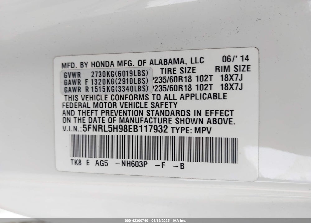 2014 HONDA ODYSSEY TOURING/TOURING ELITE VIN: 5FNRL5H98EB117932