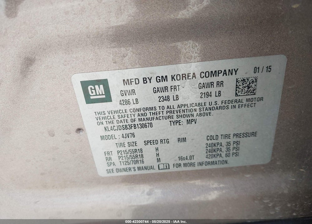 2015 BUICK ENCORE PREMIUM VIN: KL4CJDSB3FB130670