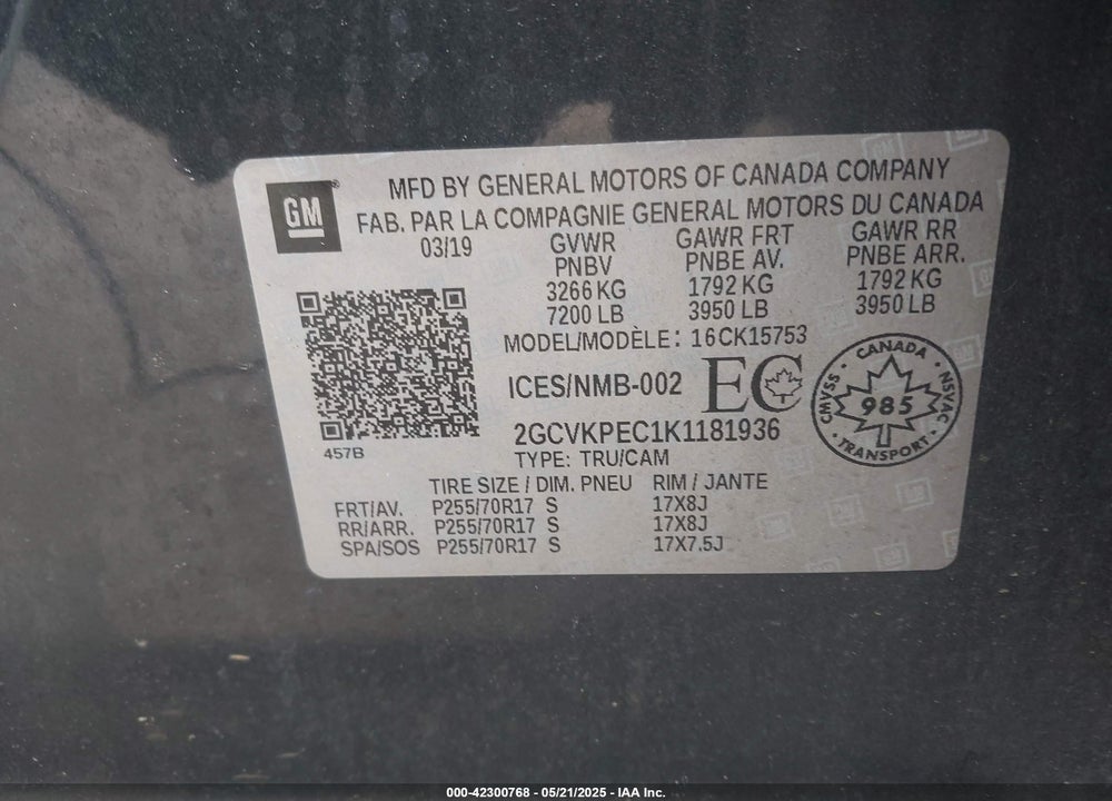 2019 CHEVROLET SILVERADO LD VIN: 2GCVKPEC1K1181936