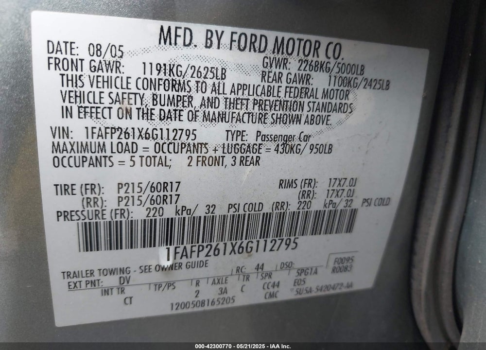 2006 FORD FIVE HUNDRED SE VIN: 1FAFP261X6G112795