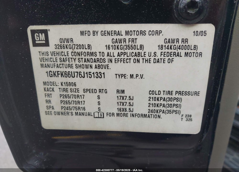 2006 GMC YUKON XL 1500 VIN: 1GKFK66U76J151331