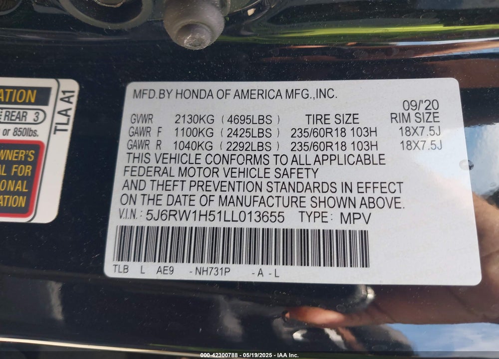 2020 HONDA CR-V VIN: 5J6RW1H51LL013655