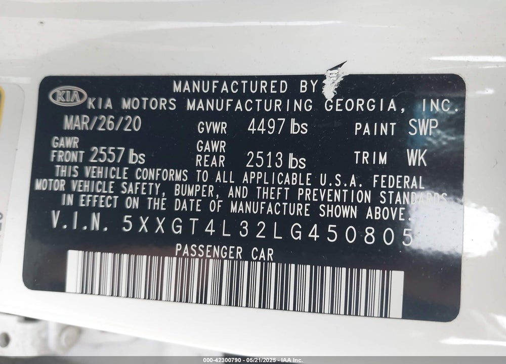 2020 KIA OPTIMA VIN: 5XXGT4L32LG450805