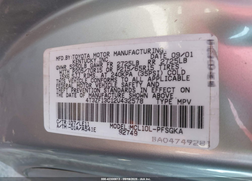 2002 TOYOTA SIENNA XLE VIN: 4T3ZF13C12U432578
