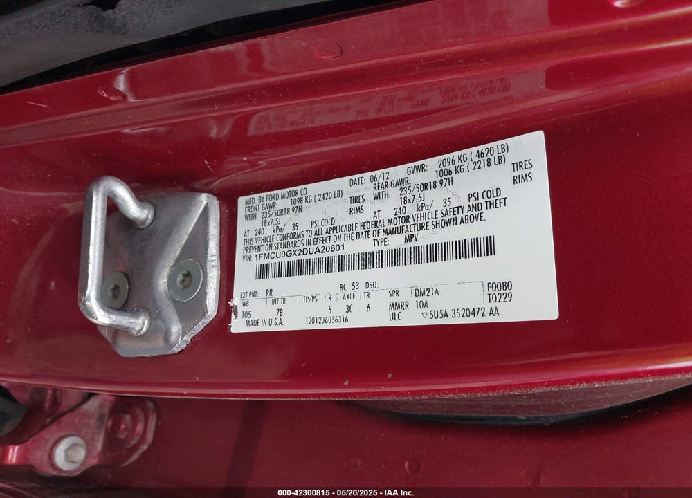 2013 FORD ESCAPE VIN: 1FMCU0GX2DUA20801