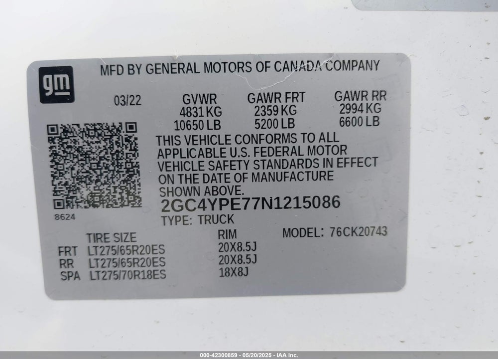 2022 CHEVROLET SILVERADO 2500HD VIN: 2GC4YPE77N1215086
