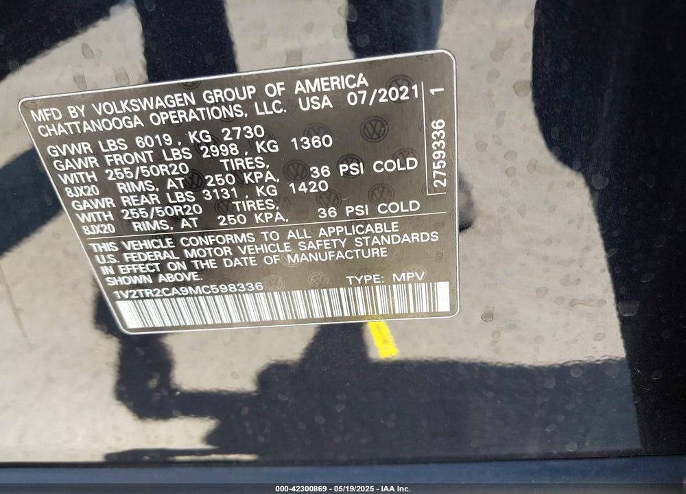 2021 VOLKSWAGEN ATLAS VIN: 1V2TR2CA9MC598336