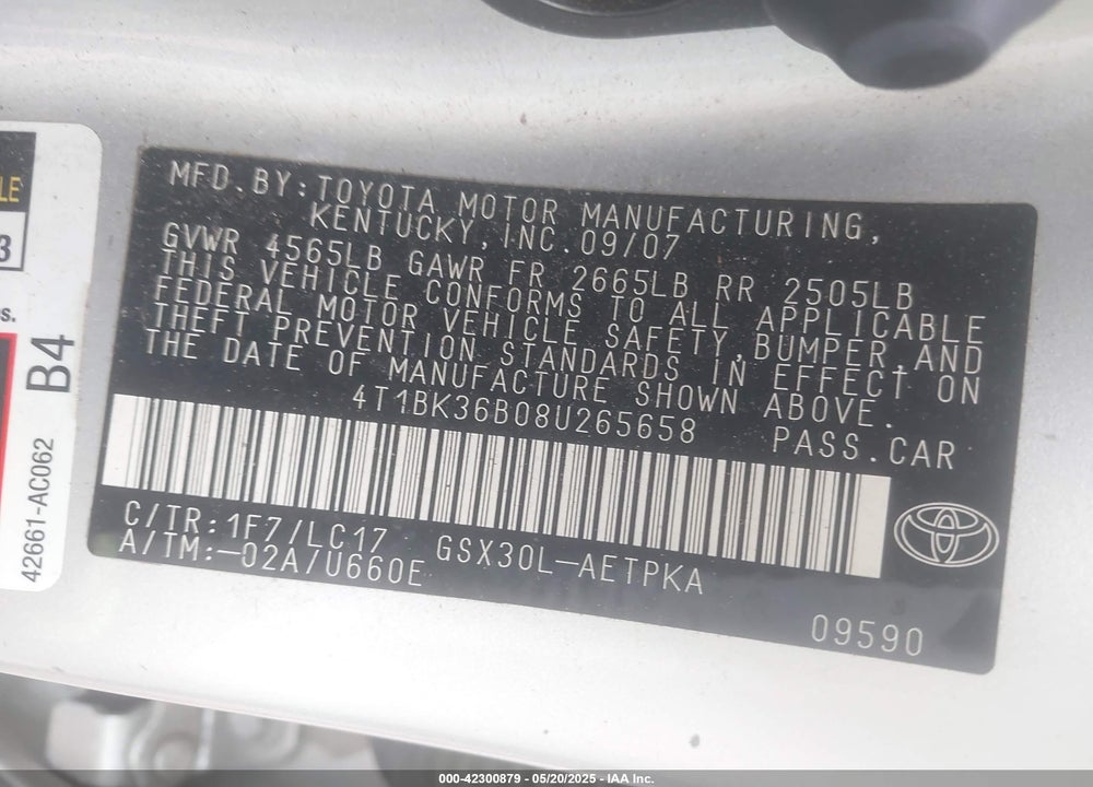2008 TOYOTA AVALON VIN: 4T1BK36B08U265658