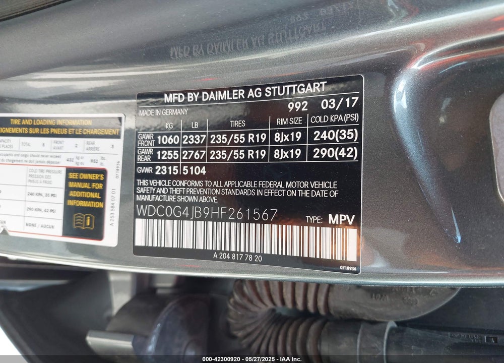 2017 MERCEDES-BENZ GLC 300 VIN: WDC0G4JB9HF261567