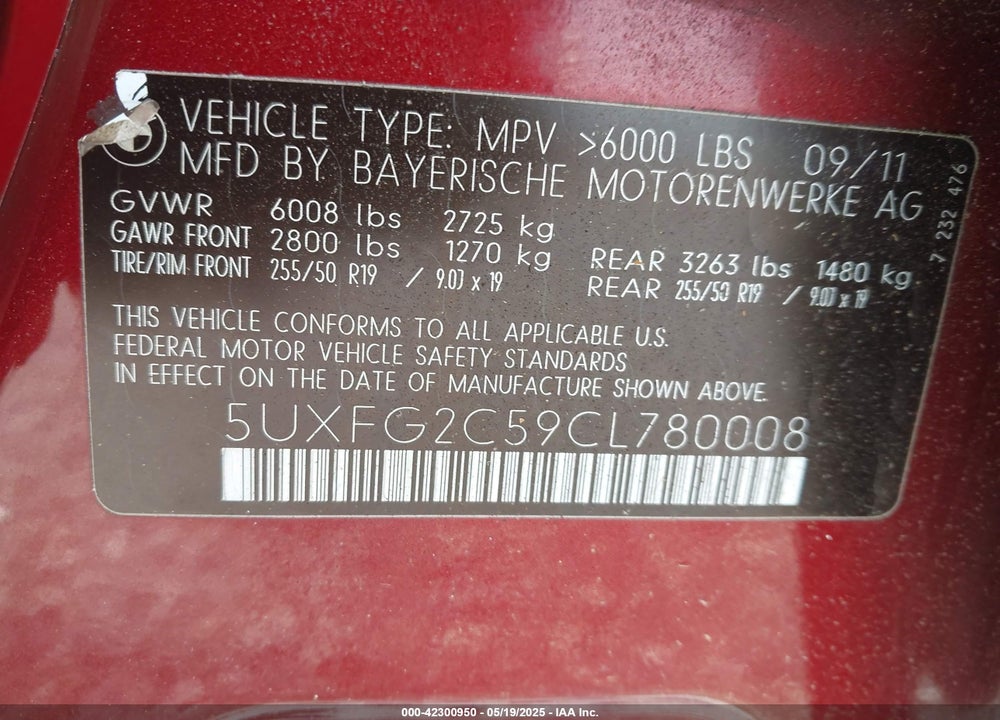 2012 BMW X6 VIN: 5UXFG2C59CL780008