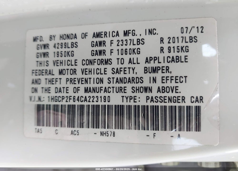 2012 HONDA ACCORD VIN: 1HGCP2F64CA223190