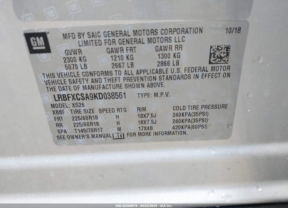 2019 BUICK ENVISION VIN: LRBFXCSA9KD038561