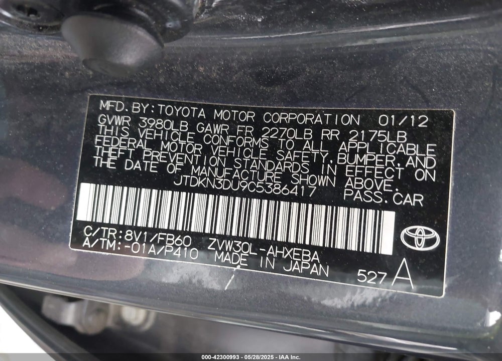 2012 TOYOTA PRIUS VIN: JTDKN3DU9C5386417