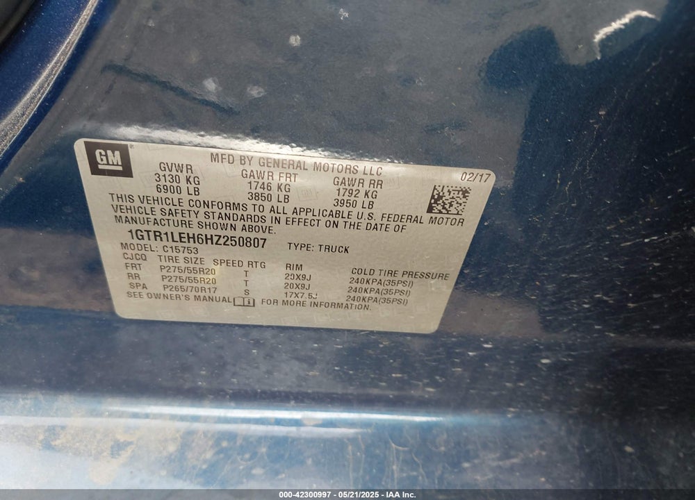 2017 GMC SIERRA 1500 VIN: 1GTR1LEH6HZ250807