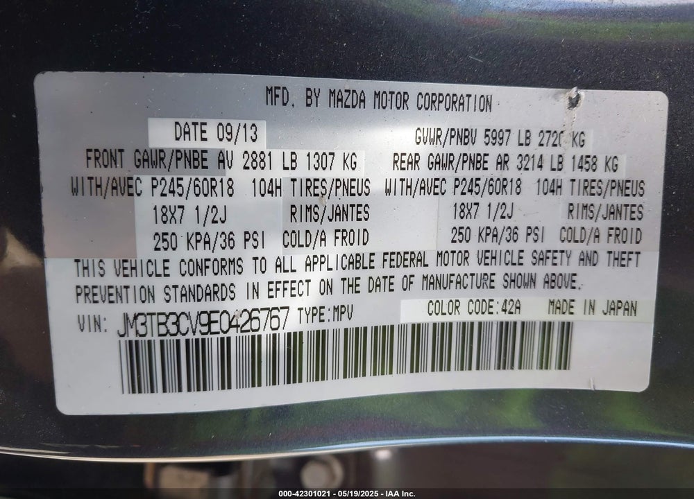 2014 MAZDA CX-9 VIN: JM3TB3CV9E0426767